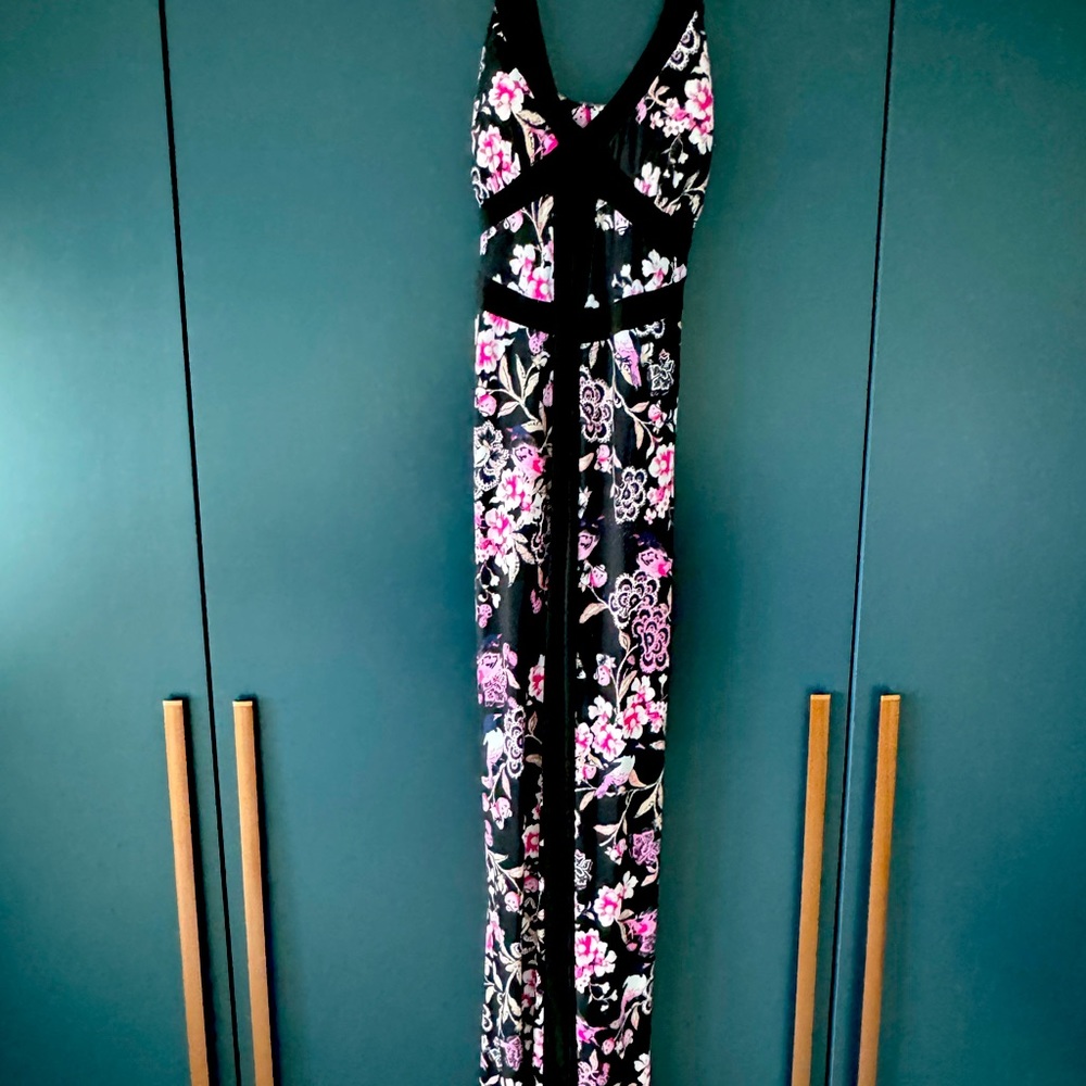 INC long black floral slinky dress cross-back size M